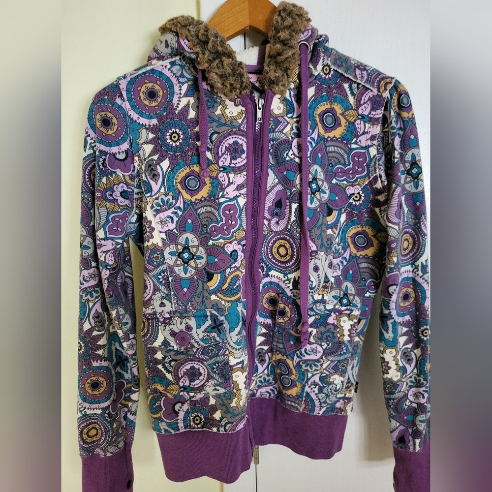 LA Kitty Purple Multicolor Faux Fur Hoodie Jacket Sz M